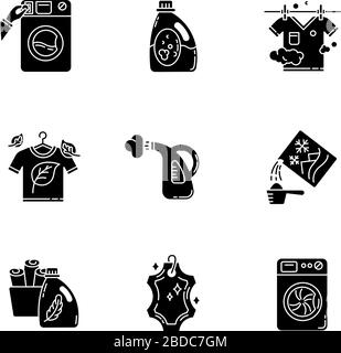 Wäschearten schwarze Glyph-Symbole auf weißem Raum. Münzwaschdienst, Waschmaschine, Dampf und Öko-chemische Reinigung. Waschmittel, Stoffpflege Stock Vektor