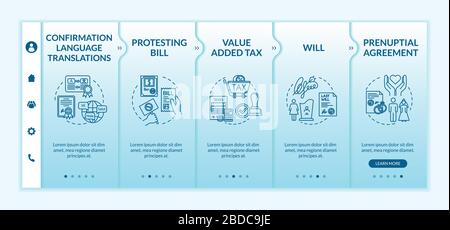 Vorlage für die Einbindung von notariellen Dienstleistungen in Vektoren. Rechtshilfe, Beratung. Apostille. Reaktionsschnelle mobile Website mit Symbolen. Schrittbildschirme für die Webseiten-exemplarische Vorgehensweise Stock Vektor