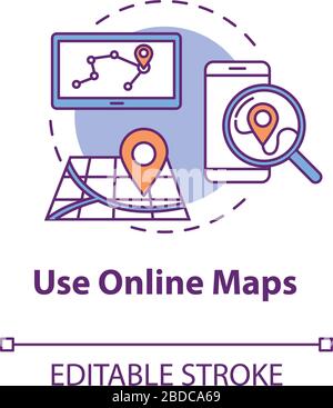 Verwenden Sie das Symbol für das Konzept von Online-Karten. GPS-Anwendung. Standort online suchen. Route zum Ziel planen. Abbildung: Roaming-Idee - Thin Line. Vektor isoliert Stock Vektor