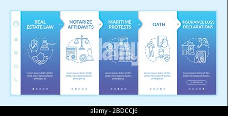 Legalisierungsdienste, Onboarding Vector template. Rechtliche Beratung. Anwaltskanzlei Hilfe. Reaktionsschnelle mobile Website mit Symbolen. Schritt zum Durchgehen der Webseite Stock Vektor