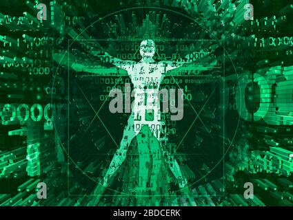 Vitruvianischen Mann in der Explosion der zerstörten Computerdaten. Futuristisch grün Illustration von vitruvian Mann mit zerstörten binären Codes . Stockfoto