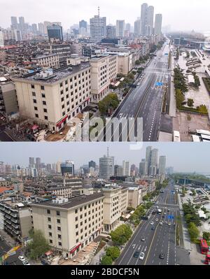 (200408) -- WUHAN, 8. April 2020 (Xinhua) -- Combo Luftbild zeigt die Yanjiang Avenue im Hankou Distrikt Wuhan, Zentral-Chinas Provinz Hubei am 26. Januar 2020 (oben) und am 8. April 2020. Mit langen Linien von Autos, die durch Schnellstraßenmeilentore und maskierte Passagiere in den Zügen strömen, hob die Megacity von Wuhan in Zentralchina am Mittwoch die Beschränkungen für ausgehende Reisen auf, nachdem fast elf Wochen Sperrzeit auferlegt worden war, um den COVID-19-Ausbruch (Xinhua/Xiong Qi) zu verhindern. Stockfoto