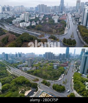 (200408) -- WUHAN, 8. April 2020 (Xinhua) -- Combo Luftfoto zeigt die Xudong Straße in Wuhan, Zentralchina Provinz Hubei am 26. Januar 2020 (oben) und am 8. April 2020. Mit langen Linien von Autos, die durch Schnellstraßenmeilentore und maskierte Passagiere in den Zügen strömen, hob die Megacity von Wuhan in Zentralchina am Mittwoch die Beschränkungen für ausgehende Reisen auf, nachdem fast elf Wochen Sperrzeit auferlegt worden war, um den COVID-19-Ausbruch (Xinhua/Xiong Qi) zu verhindern. Stockfoto