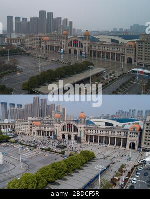 (200408) -- WUHAN, 8. April 2020 (Xinhua) -- Luftkombinationsfoto zeigt den Hankou-Bahnhof in Wuhan, der zentralchinesischen Provinz Hubei am 10. Februar 2020 (oben) und am 8. April 2020. Mit langen Linien von Autos, die durch Schnellstraßenmeilentore und maskierte Passagiere in den Zügen strömen, hob die Megacity von Wuhan in Zentralchina am Mittwoch die Beschränkungen für ausgehende Reisen auf, nachdem fast elf Wochen Sperrzeit auferlegt worden war, um den COVID-19-Ausbruch (Xinhua/Xiao Yijiu) zu verhindern. Stockfoto