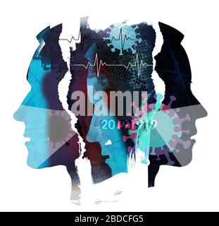 Pandemie des Coronavirus, depressive Menschen mit Gesichtsmasken. Männliche Köpfe, Grunge ausdrucksstarke schwarze Collage aus stilisierten Silhouetten im Profil gezeigt. Stockfoto