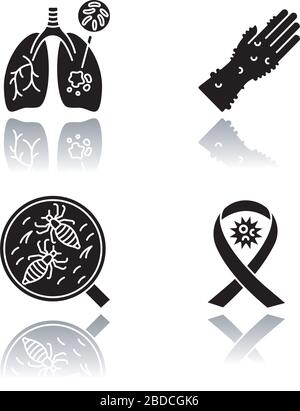 Ansteckende Krankheiten setzen schwarze Glyph-Symbole in den Schatten. Tuberkulose, Pocken, HIV, AIDS und Pedikulose. Gesundheitswesen und Medizin. Infektiös Stock Vektor