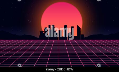 Wunderschöner Stadtabend, Synth Wave und Retro Wave, vaporwave futuristische Ästhetik. Ultravioletter, leuchtender Neon-Stil. Stilvolles Poster, Flyer für den Zweck, helle Farben und geometrische Linien. Megapolis. Stockfoto