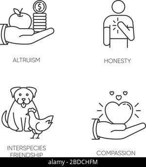 Benutzerfreundliche Unterstützung Pixel perfekte lineare Symbole gesetzt. Anpassbare Kontursymbole mit dünnen Linien. Altruismus, Ehrlichkeit, interarty Freundschaft, Mitleid Stock Vektor