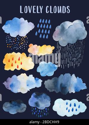 Nahtlose Retro-Wolken und Regen im Himmel illustrieren blaues skandinavisches Hintergrundmuster in Stockfoto