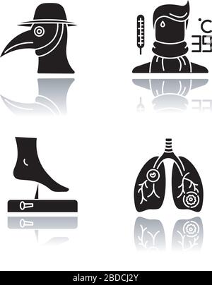 Infektionskrankheiten werfen Schatten schwarze Glyphe Symbole gesetzt. Plage, Pneumonie, Influenza und Tetanus. Medizinische Diagnose. Bakterielle Infektionen isoliert Stock Vektor