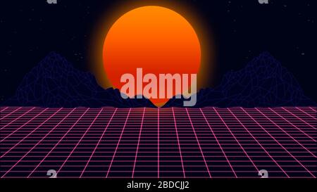 Schöner Bergabend, Synth Wave und Retro Wave, verdampferische futuristische Ästhetik. Ultravioletter, leuchtender Neon-Stil. Stilvolles Poster, Flyer für den Zweck, helle Farben und geometrische Linien. Resort, Chill. Stockfoto