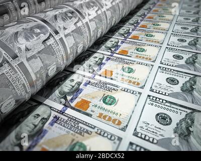 Gelddruckmaschine, die 100-Dollar-Banknoten druckt. 3D-Abbildung. Stockfoto