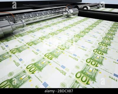 Gelddruckmaschine, die 100 Euro-Banknoten druckt. 3D-Abbildung. Stockfoto