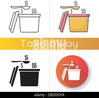 Symbole für heiße Lebensmittelbehälter zum Mitnehmen. Lineare, schwarze und RGB-Farbstile. Suppenpackung mit Löffel zum Mitnehmen. Praktisch fast Food, sofortige Mahlzeit Stock Vektor
