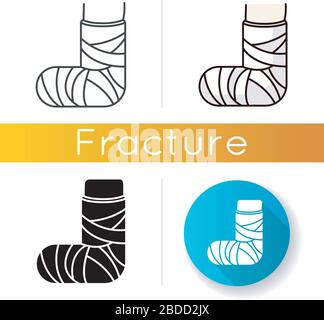 Symbol für defekten Fuß. Knochenbruch. Verletztes Bein im Gips, Verband. Amputierte Extremität. Traumatherapie. Verletzte Verbindung. Medizinischer Zustand. Linear schwarz und Stock Vektor