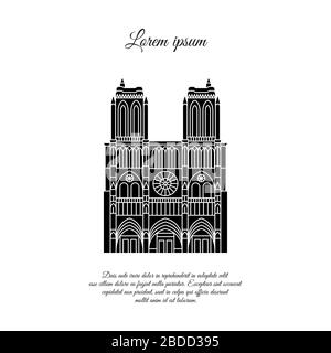 Notre Dame de Paris schwarzer Vektor. Reise-Vektor-Banner oder -Logo. Die berühmte Kathedrale Notre Dame de Paris, Frankreich. Französisches Wahrzeichen. Der Katholische Chu Stock Vektor
