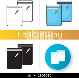 Set mit Symbolen für die Reißverschlusstasche. Lineare, schwarze und RGB-Farbstile. Leere transparente Kunststoffverpackung. Lebensmittel-Ziplock-Packung, pvc-Beutel. Wasserdichte Tasche für Snacks Stock Vektor