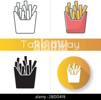 Pommes frites Icons Set. Lineare, schwarze und RGB-Farbstile. Gebratene Kartoffel, salzige Stöcke in Karton. Fastfood-Paket zum Mitnehmen. Essen zum Mitnehmen Stock Vektor