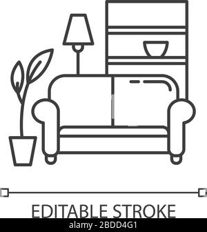 Apartment Innenbereich Pixel perfekt linear Symbol. Wohnzimmermöbel. Gemütliches Zuhause. Sofa, Sofa. Anpassbare Abbildung mit dünner Linie. Kontursymbol Stock Vektor