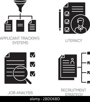 Schwarze Glyph-Symbole für den professionellen Einsatz auf dem weißen Raum. System zur Nachverfolgung von Bewerbern, Alphabetisierung, Stellenanalyse und Personalbeschaffungsstrategie - Silhouette Stock Vektor