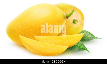 Isolierte gelbe Mangos. Zwei Mango-Früchte und -Scheiben isoliert auf weißem Hintergrund mit Beschneidungspfad Stockfoto