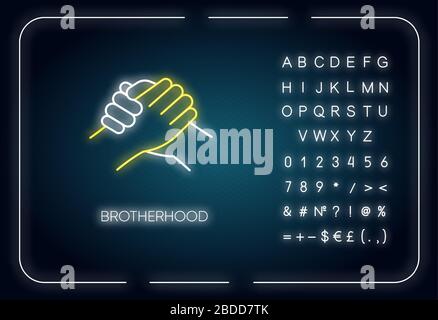 Leuchtreklame der Bruderschaft. Äußere leuchtende Wirkung. Zeichen mit Alphabet, Zahlen und Symbolen. Zusammengehörigkeit, Einheit und Gemeinschaft. Manly Handshake Vektor Stock Vektor