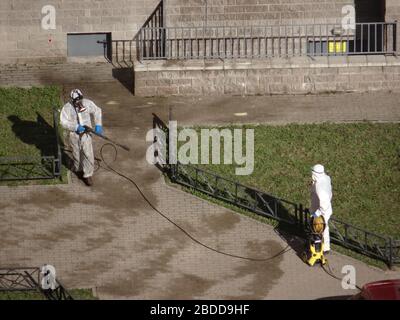 Desinfektion in den Innenhöfen von St. Petersburg, Russland Stockfoto