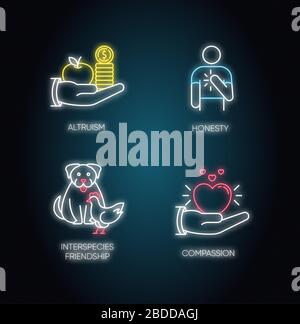 Benutzerfreundliche Leuchtsymbole für die Neonbeleuchtung. Schilder mit strahlender Außenwirkung. Zwischenmenschliche Beziehung. Altruismus, Ehrlichkeit, interspecies Freundschaft und Stock Vektor
