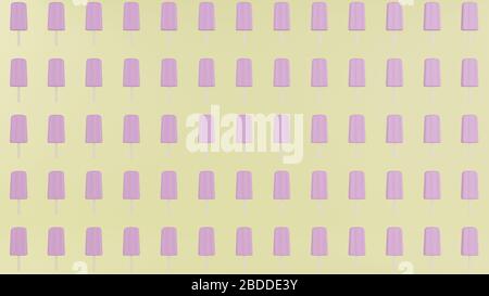Rosa Popsicle gerades Muster auf gelbem Hintergrund. Eis- und Sommerkonzept. 3D-Rendering. Pastellfarben. Stockfoto