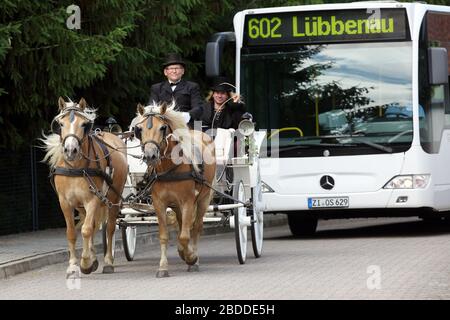 12.06.2018, Luebben, Brandenburg, Deutschland - die Kutsche fährt vor einem öffentlichen Bus. 00S180612D411CAROEX.JPG [MODEL RELEASE: NEIN, PROPERTY RELEASE: NEIN Stockfoto