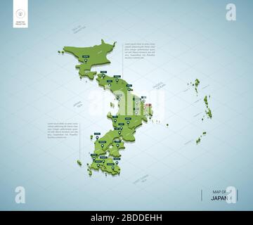 Stilisierte Karte von Japan. Isometrische 3D-Grünkarte mit Städten, Grenzen, Hauptstadt Tokio, Regionen. Vektorgrafiken. Editierbare Ebenen, die deutlich beschriftet sind. Engl Stock Vektor