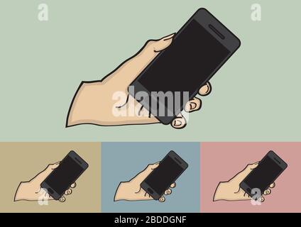 Vektordarstellung einer Hand, die ein schwarzes Touchscreen-Handy auf einem anderen Farbhintergrund hält Stock Vektor