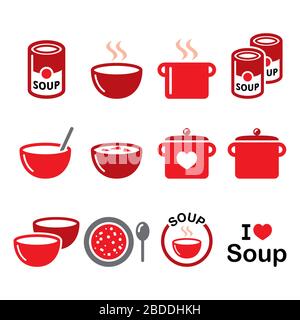 Suppe in Schüssel, Dose und Topf - Lebensmittel-Vektor-Symbol Set, Kochen, Restaurant-Design Stock Vektor