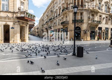 Baku, Aserbaidschan - 8. April 2020. Nizami-Straße in Baku, die von Tauben im zuge von Quarantänemaßnahmen ergriffen wurde, um die Verbreitung von Korona zu verhindern Stockfoto