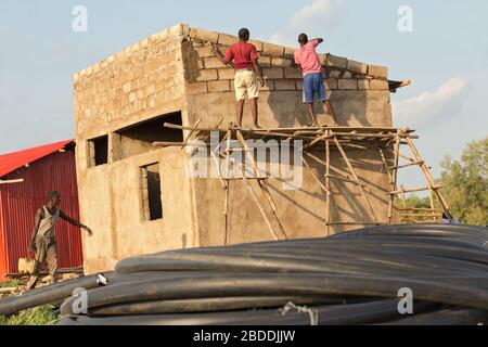 11.11.2019, Burferedo, Somali-Region, Äthiopien - Bauarbeiter stehen auf einem ungesicherten Holzrahmen und setzen Betonziegel. Im Vordergrund RO Stockfoto