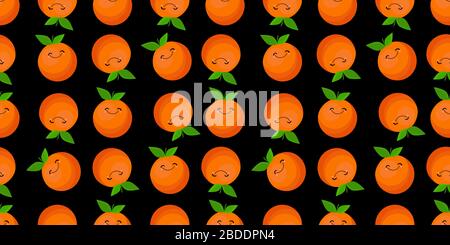 Orangefarbenes Muster auf schwarzem Hintergrund. Süßer orangefarbener Charakter mit Gesicht. Stock Vektor