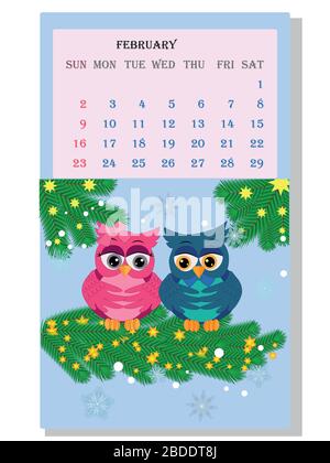 Kalender 2021. Niedlicher Kalender mit lustigen Cartoon-Eulen Stock Vektor