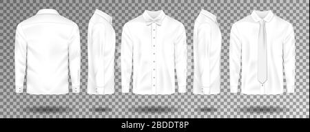 Leeres weißes Hemd mit Krawatte und Schleife isoliert. Realistisches Männerhemd mit langen Ärmeln vorne, seitlich, hinten. Vektorgrafiken Stock Vektor