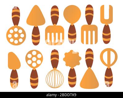 Küchenzubehör. Herd, Spachtel zum Frittieren, Schneebesen. Vektorgrafiken. Geschirr.. Stock Vektor