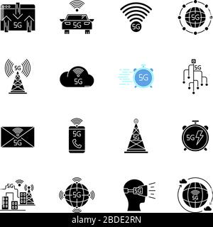 Schwarze Glyph-Symbole der 5G-Technologie auf dem weißen Raum. Mobiles Mobilfunknetz. Schnelle Internetverbindung. Messaging, Datenaustausch. Weltstandard Stock Vektor