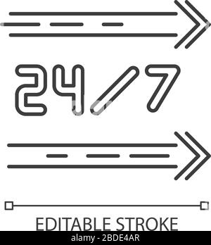 24 Stunden Service Pixel Perfect Linear Icon. Gerade Linien auf dem Schild. Ganztägig geöffneter Laden. Anpassbare Abbildung mit dünner Linie. Kontursymbol. Vektor Stock Vektor