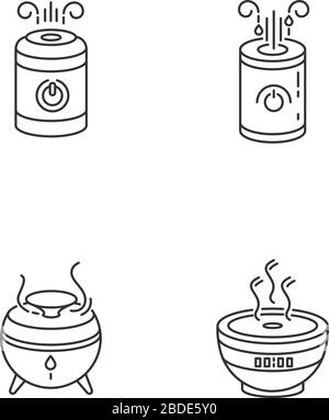 Luftbefeuchter, Öldiffusoren RGB Pixel perfekte lineare Symbole gesetzt. Minimalistische Luftreiniger. Anpassbare Kontursymbole mit dünnen Linien. Isolierter Vektor Stock Vektor