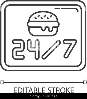 24 7 offenes Burger Joint Pixel Perfect Linear Icon. Vierundzwanzig sieben Kantine. Speisekarte mit Esswaren. 2 anpassbare, dünne Linie. Kontursymbol Stock Vektor