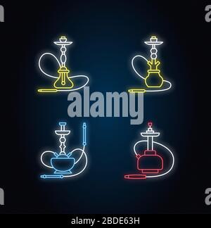 Hookah Neon Light Icons Set. Zeremonie Utensil. Sheesha-Haus. Narkile Lounge. Geruch aus Rohr. Duft des Verdampfens. Raucherbereich. Schilder mit Außenmaterial Stock Vektor