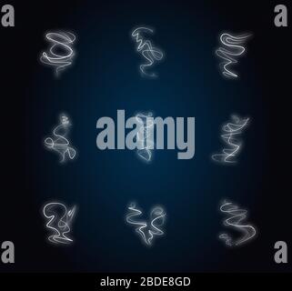 Die Symbole für Geruchsneon-Leuchten sind festgelegt. Geruch von Hookah. Aroma von Cannabis. Heißer Nebel. Räucherstäbchen, Gestank. Zigarettenstrom. Stinken, Nebel. Schilder mit Außenleuchten Stock Vektor