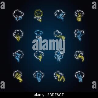 Die Symbole für Geruchsneon-Leuchten sind festgelegt. Emission, Verdunstung. Geruch nach Hookah. Aroma von Cannabis. Zigarettenstrom. Stinken, Nebel. Schilder mit strahlender Außenwirkung Stock Vektor