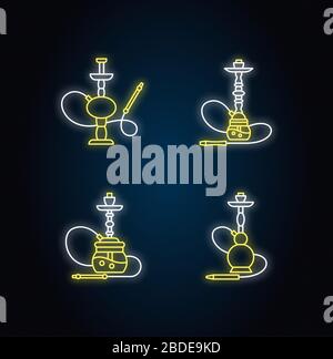 Hookah Neon Light Icons Set. Hooka-Bar für ruhige Freizeit. Sheesha-Haus. Narkile Lounge. Geruch aus Rohr. Duft des Verdampfens. Schilder mit Außenmaterial Stock Vektor
