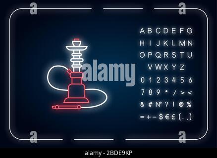 Symbol für die Neonbeleuchtung von Hookah. Sheesha-Haus. Aromatisierte türkische Hooka. Narkile Lounge. Raucherbereich. Äußere leuchtende Wirkung. Zeichen mit Alphabet, Zahlen und Stock Vektor