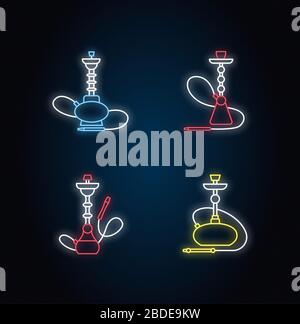 Hookah Neon Light Icons Set. Unterhaltung mit Freunden. Sheesha-Haus. Narkile Lounge. Duft des Verdampfens. Raucherbereich. Schilder mit strahlender Außenwirkung Stock Vektor