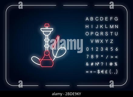 Symbol für die Neonbeleuchtung von Hookah. Sheesha-Haus. Minimalistisches Objekt. Narkile Lounge. Geruch aus Rohr. Äußere leuchtende Wirkung. Zeichen mit Alphabet, Zahlen und Stock Vektor